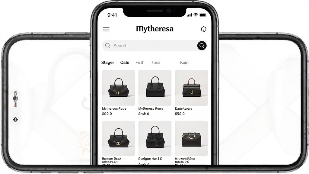 Mytheresa������Ӧ����ҳչʾ������Ϊ�ֻ���Ļ�г��ֵ��ݳ�Ʒ������棬���־��жԳƣ��Ű��������״��Ʒ���У����Ϊ�ִ���Լʱ�У�ϸ�ڰ���Ʒ��Logo�������������ർ������Ʒ����ͼ�����ʸ��壬�ɾ����޶���Ԫ��