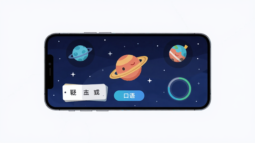 Ӣ������APP������չʾ������Ϊһ�������ֻ���Ļ����Ļ�г�������ɫ�ǿձ����뿨ͨ����ͼ�꣬����Ϊ����չʾ�ֻ�����棬�Ű��࣬���Ϊ��ƽ���Ƽ��У�ϸ�ڰ������ʿ�Ƭ�����ﰴť��ѧϰ���Ȼ������ʸ��壬�ɾ����޶���Ԫ��