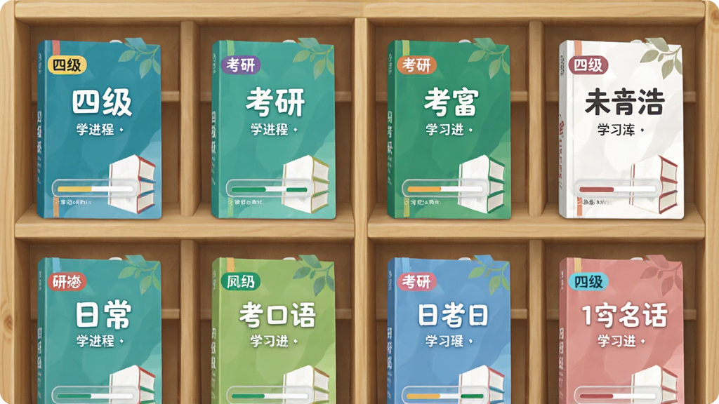 Ӣ������APP�ʿ�ѡ��ҳ�棬����Ϊ�౾���������������������ϣ�����Ϊ����״չʾ���Ű���������Ϊ����ѧϰ�磬ϸ�ڰ�����������ϵı�ǩ�硰�ļ��������С����ճ������ѧϰ�����������ʸ��壬�ɾ����޶���Ԫ��