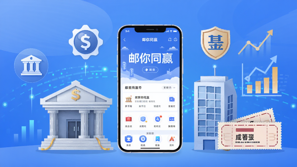 һ��չʾ����ͬҵ���������ĺ��廭����������Ϊ�ֻ���Ļ��ʾ������ͬӮ��Ӧ�ý��棬��Ļ��Χ�������д�¥������ͼ�ꡢ��������ͼ��Ʊ�ݵ�Ԫ�أ����ֲ������ҶԳƽṹ�����Ϊ�ִ���ƽ������磬ϸ�ڰ�����ɫ�����䱳������������Ч�����ʸ��壬����ɾ��޶���Ԫ��