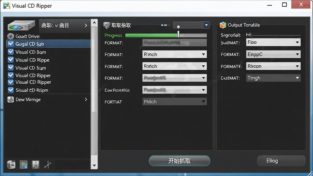 Visual CD Ripper ����������Ԥ��ͼ������Ϊ�������ھ���չʾ�����ֲ��þ��������ṹ�����Ϊ��������Ŀ�б����м�Ϊץȡ�������������Ҳ�Ϊ�����ʽ��Ŀ���ļ���ѡ���Ű��������������Ϊ�ִ���Լ����磬ϸ�ڰ�������������ʽ�����˵�����ʼץȡ��ť�����ʸ��壬����ɾ����޶���Ԫ��