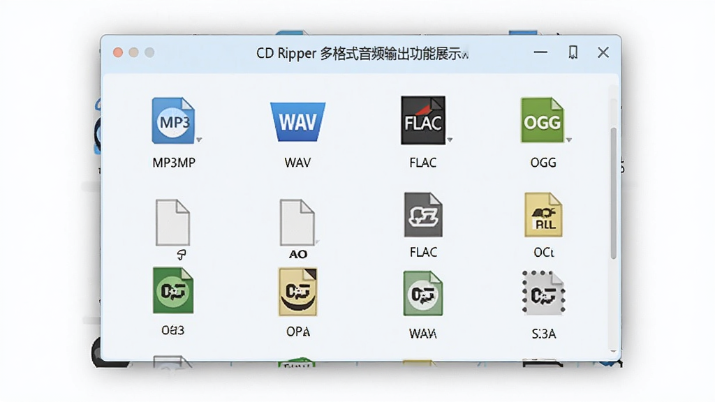 Visual CD Ripper ���ʽ��Ƶ�������չʾͼ������Ϊ���������ʽѡ����壬����Ϊ�����������ڣ��Ű����ͼ�������˵�����������У����Ϊ��ˬǳɫϵ��ϸ�ڰ���MP3��WAV��FLAC��OGG�ȸ�ʽͼ�꣬���ʸ��壬����ɾ����޶���Ԫ��