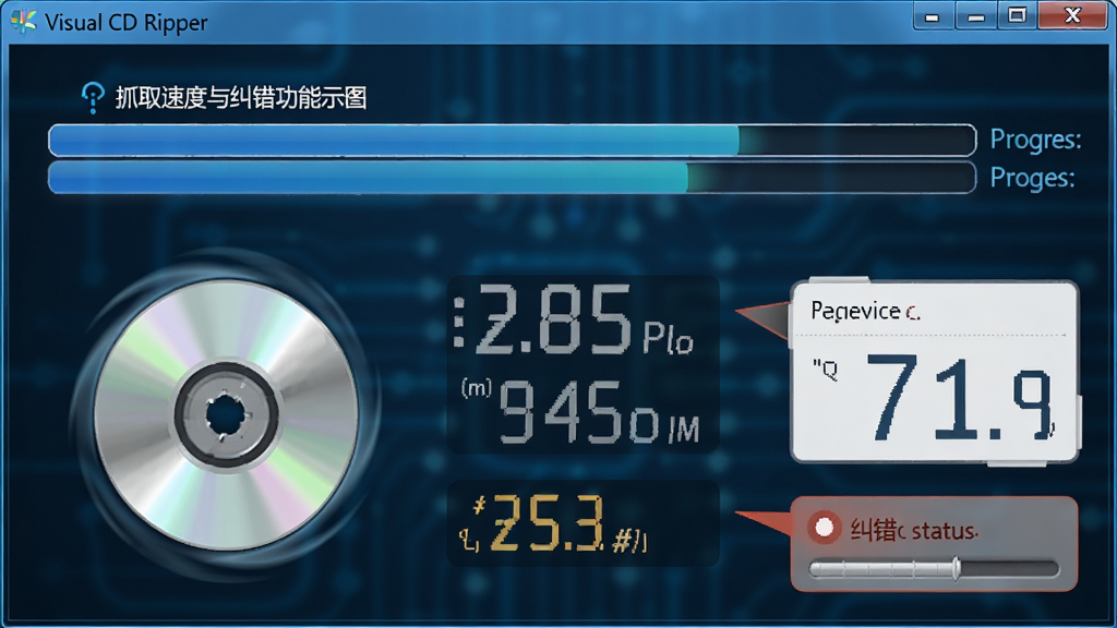 Visual CD Ripper ץȡ�ٶ����������ʾ��ͼ������Ϊ����ץȡ���Ƚ��棬����Ϊȫ������չʾ���Ű�ͻ�����������ٶ���ֵ�����Ϊ�Ƽ�������ϸ�ڰ���������ת��������ȡ�ٶ���ʾ������״̬��ʾ�����ʸ��壬����ɾ����޶���Ԫ��