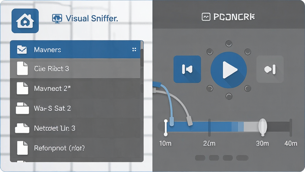 Visual Sniffer ���ݰ�������طŹ���ʾ��ͼ���������Ϊ����ͼ�����ļ��б����Ҳ�Ϊ�طſ��ư�ť��ʱ���ᣬ���������������ɫ�������������ɾ����޶���Ԫ��
