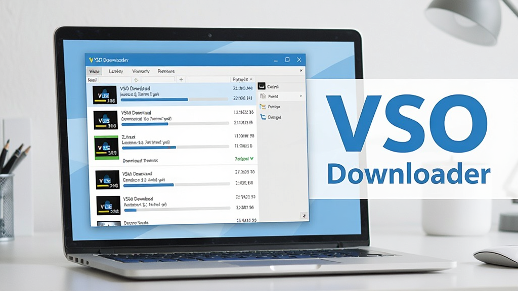 ����������չʾ������������һ̨�򿪵ıʼǱ����ԣ���Ļ����ʾ VSO Downloader ���������ڣ��������б����ֶ���������ص���Ƶ���񣬽����������ɼ����Ҳ�����Ŀ��
