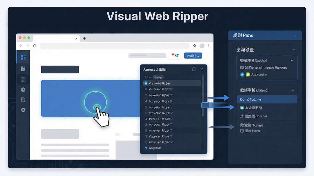 Visual Web Ripper ���ӻ��ɼ�������ƽ��棬����Ϊ��ҳ��ѡ����ʾ�⣬����Ϊ��������Ԥ���������Ҳ����������岢�У��Ű�������·ֲ�ṹ�����Ϊ�Ƽ��б�ƽ����ƣ�ϸ�ڰ�������ѡ���������Զ����ɹ����б��������ֶ�ӳ���ͷ�����������ֱ�ע 