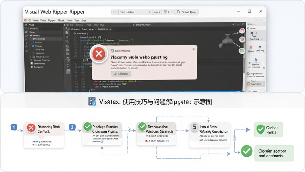 Visual Web Ripper ʹ�ü���������������ʾ��ͼ������Ϊ������������������Ų�����ͼ�����ֲ������·����ṹ���Ϸ�Ϊ������ͼ���·�Ϊ�����Ų鲽���б����Ű��������򣬷��Ϊ���¼�Լ���ϸ�ڰ���������ʾͼ�ꡢ��������š��ɹ�״̬��ʶ�����������ֱ�ע 