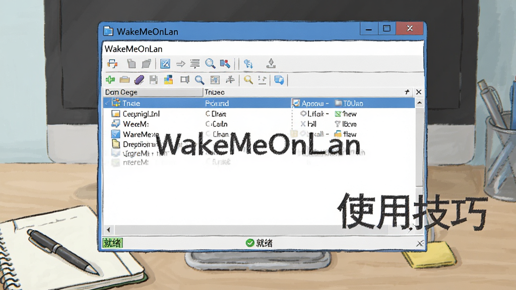 һ�ŵ��������ͼ���Ĳ廭��������ʾ WakeMeOnLan ���������棬�����Ϸ��ǲ˵����͹��������м����豸�б����·���״̬����ʾ
