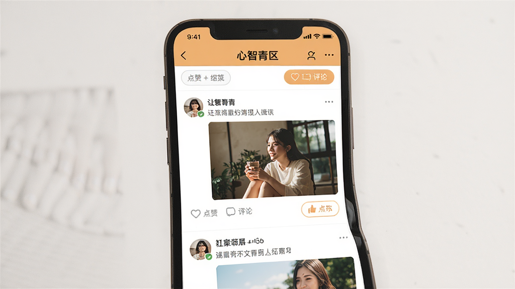 һ�š������ࡱAPP�Ļ�����������ֻ���ͼ���ͼƬ������������һ�������ֻ�����Ļ��չʾ��������̬�б��������û�������ͼ�����ݣ����޺����۰�ť�����ɼ�����������ϴ���ɫ��ů��������࣬�Ű����ʣ����дʵ�����ʸ��壬�ɾ��޶���Ԫ�ء�