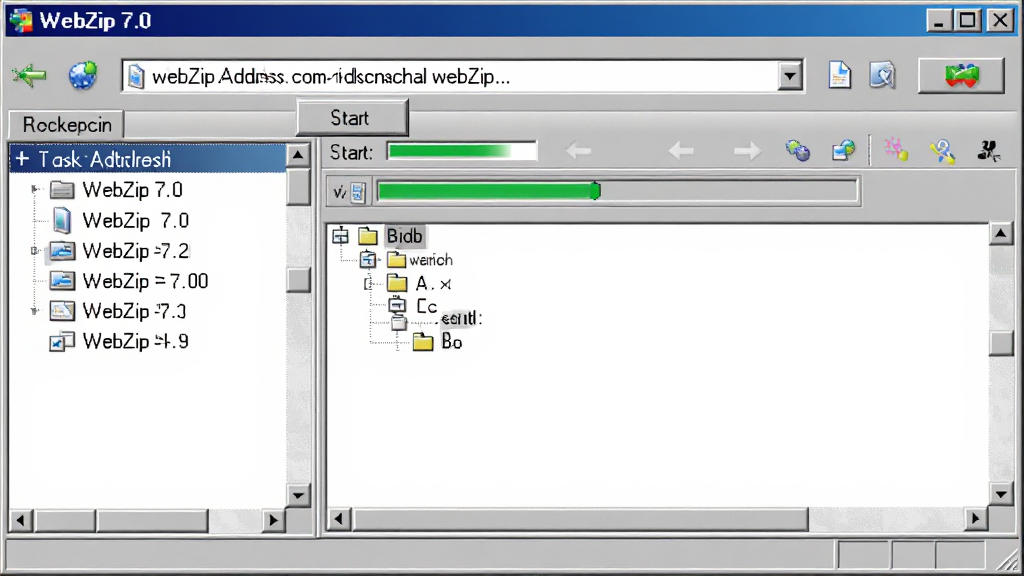 һ��չʾ WebZip �����������ͼƬ�������ǵ�����Ļ�ϵ� WebZip 7.0 ���ڣ�����Ϊ��������б����Ҳ�����������壬�Ű����룬���Ϊ���� Windows �������棬ϸ�ڰ�����ַ������ʼ��ť�����������ļ���״ͼ�������������ɾ����޶���Ԫ��