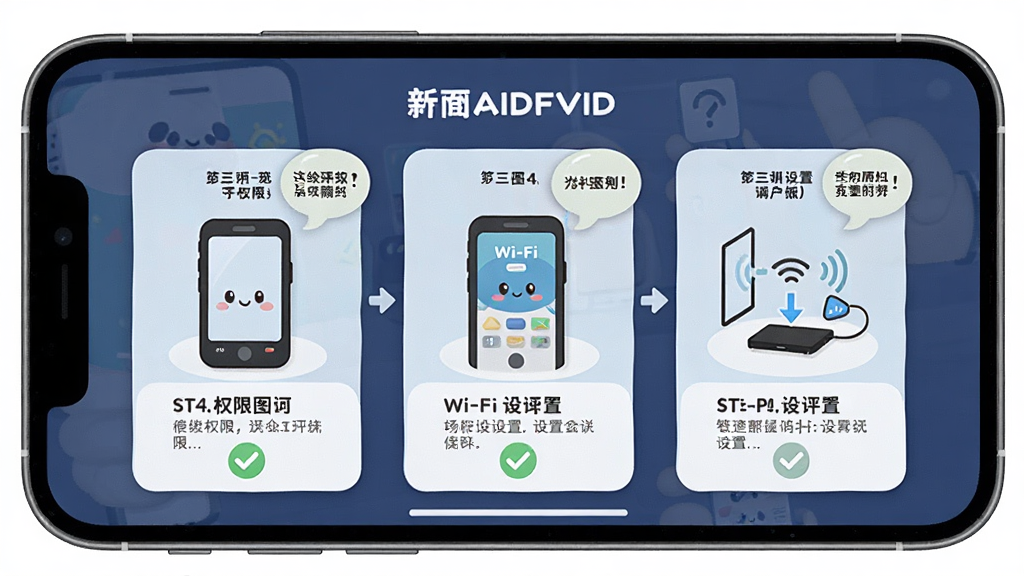 ����Ϊ�ֻ���Ļ��ʾAIDOVIDӦ�õ���������ҳ�棬����Ϊ�ֲ�ͼʾ���Ű�չʾȨ��������Wi-Fi���ò��裬���Ϊ�Ѻÿ�ͨ��ϸ�ڰ�����ʾ���ݡ���ѡͼ�ꡢ�豸����ʾ��ͼ������Ϊ���壬�ɾ��޶���Ԫ��