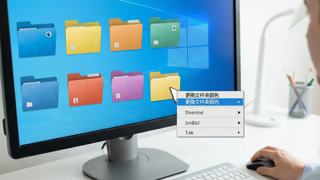 һ��չʾWindows���������ļ�����������ͼƬ���������ж����ͬ��ɫ���ļ����������У�һ���û���������Ҽ��������һ���ļ��У������˵��и�����ʾ�������ļ�����ɫ��ѡ������Ǽ��İ칫���棬������������������������ɾ��޶���Ԫ��