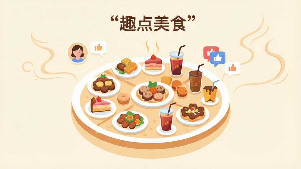 һ��չʾȤ����ʳApp��ʳ���ݾۺ�ҳ��Ĳ廭����������Ϊһ�������ڿ��еľ޴�ʳ��ƴ�̣�ƴ���Ϸֲ��Ÿ��ֲ��ȡ�������Ʒ��Сͼ�꣬�Ա����û�ͷ��͵������ݡ���������͵��װ�ɫ������һ��ʳ������Ʈɢ������װ�Ρ����Ϊ���±�ƽ�廭��ϸ�ڷḻ�����ʸɾ������������д����������֡�Ȥ����ʳ����