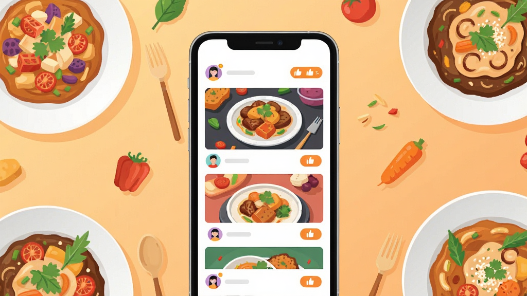 һ��չʾȤ����ʳApp������ֻ�����ͼ������������һ�������ֻ�����Ļ����ʾɫ�ʷḻ����ʳ�Ƽ��ٲ������������˵Ĳ���ͼƬ���û�ͷ��͵��ް�ť���ֻ���Χɢ���ż��̾��µĲ��Ⱥ�����ʳ�ģ�����Ϊ��ů��ǳ��ɫ���䡣�����������ִ������ñ�ƽ���廭���ϸ�����������ʸɾ��������޶���Ԫ�ء�