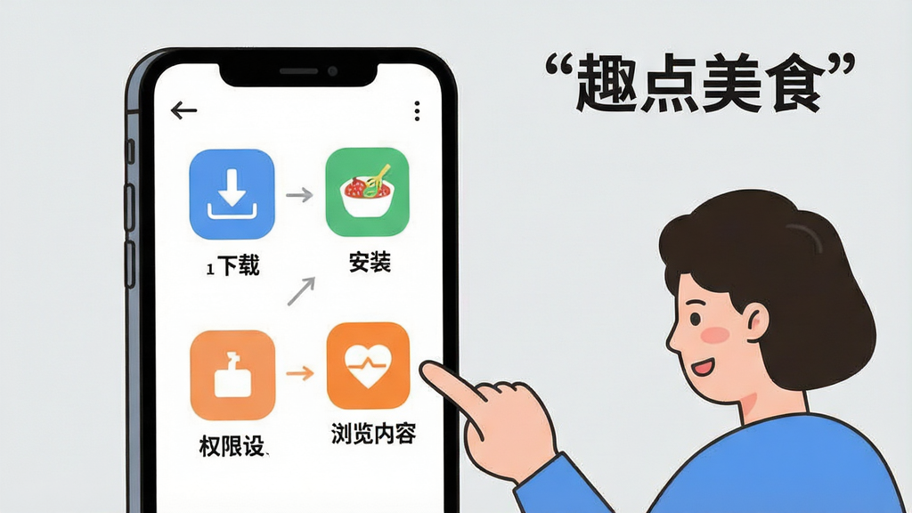 һ��չʾȤ����ʳApp���ֲ�������ҳ��Ĳ廭����������Ϊһ���ֻ�����Ļ����ʾ�ֲ�����ָʾ���������ء���װ��Ȩ�����ú���������ĸ�����ͼ�ꡣ�ֻ��Ա���һ����ͨ������������ָ�����Ļ������Ϊǳ��ɫ�����Ϊ�����Ϣͼ�廭��ϸ�����������ʸɾ��������д����������֡�Ȥ����ʳ����