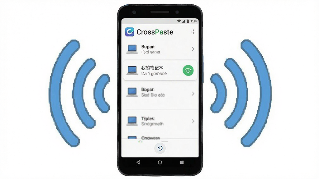 һ��չʾ CrossPaste �ھ��������Զ������豸�Ľ����ͼ���廭������Ϊһ����׿�ֻ���Ļ����Ļ����ʾ CrossPaste ���豸�б����棬�б�����һ̨��Ϊ���ҵıʼǱ������豸���Ա�����ɫ�����Ӱ�ť������Ϊ�ֻ����У���Χ������ Wi-Fi �źŲ���ͼ�ꡣ�Ű��࣬ͻ���豸�б������Ϊ�ɾ��� UI ���չʾͼ��ϸ�ڰ������涥���� CrossPaste �� Logo���ײ���ˢ�°�ť�������������ɾ����޶���Ԫ�ء�