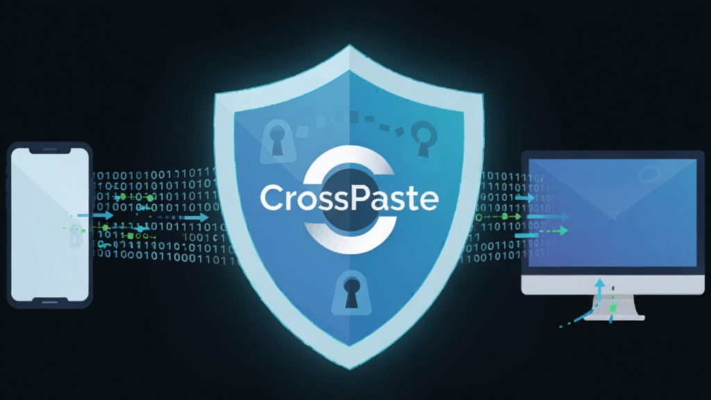 һ��չʾ CrossPaste �˵��˼��ܰ�ȫ���ԵĲ廭������Ϊһ������Ķ���ͼ�꣬���������� CrossPaste �� Logo����������ֱ���һ���ֻ���һ̨���ԣ�����Ʒ���������������Ϊ���ƾ��У��豸�������ҡ��Ű�ǿ����ȫ�����ӡ����Ϊ�Ƽ���ǿ�ı�ƽ���廭��ϸ�ڰ����������ɶ����ƴ�����ɣ����Ʊ���������ͼ���������������ɾ����޶���Ԫ�ء�
