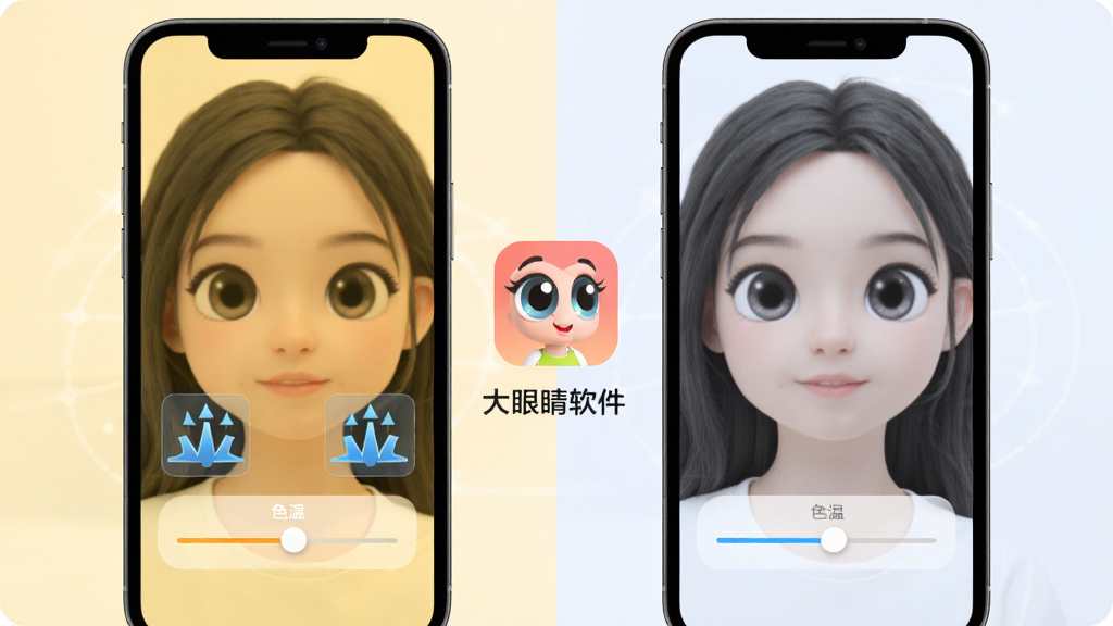 ����չʾ���۾�APP�Ļ���ģʽ���ý��棬���Ϊ�ֻ���Ļ��ʾů��ɫ�����˾�Ч�����Ҳ�Ϊ���ɫ��ͨģʽ�Աȣ��м��д��۾����������������������ҶԳƣ����Ϊ���¿Ƽ��磬ϸ�ڰ����������ʾ��ͼ��ɫ�µ��ڻ��飬�����������ɾ��޶���Ԫ��