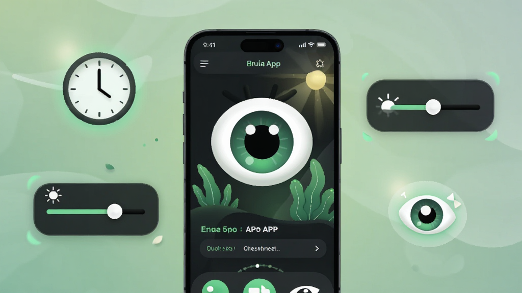 ��������չʾһ�������ֻ�����Ļ����ʾ���۾�APP�������棬��������ɫ����ģʽΪ��ɫ����������ɫֲ�����͹��ߵ��Ӿ�Ԫ�أ��ֻ���Χ������ʱ��ͼ�ꡢ���ȵ��ڻ�����۾�ͼ�꣬���岼�ּ�����������Ϊ�ִ���ƽ���Ƽ��磬ϸ�ڰ�����͵Ľ��䱳����΢��Ч�������ʸ��壬�ɾ��޶���Ԫ��