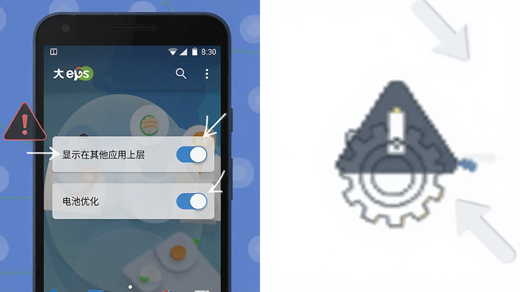 ����չʾһ����׿�ֻ���Ļ��������ʾ���۾�APP��Ȩ������ҳ�棬��������ʾ������Ӧ���ϲ㡱�͡�����Ż����������ذ�ť���ֻ��Ա��о�ʾͼ��ͳ���ͼ�꣬����Ϊ���ҷ��������Ϊ��ƽ���̳̲�ͼ�磬ϸ�ڰ������ֱ�ǩ�ͼ�ͷָʾ�������������ɾ��޶���Ԫ��
