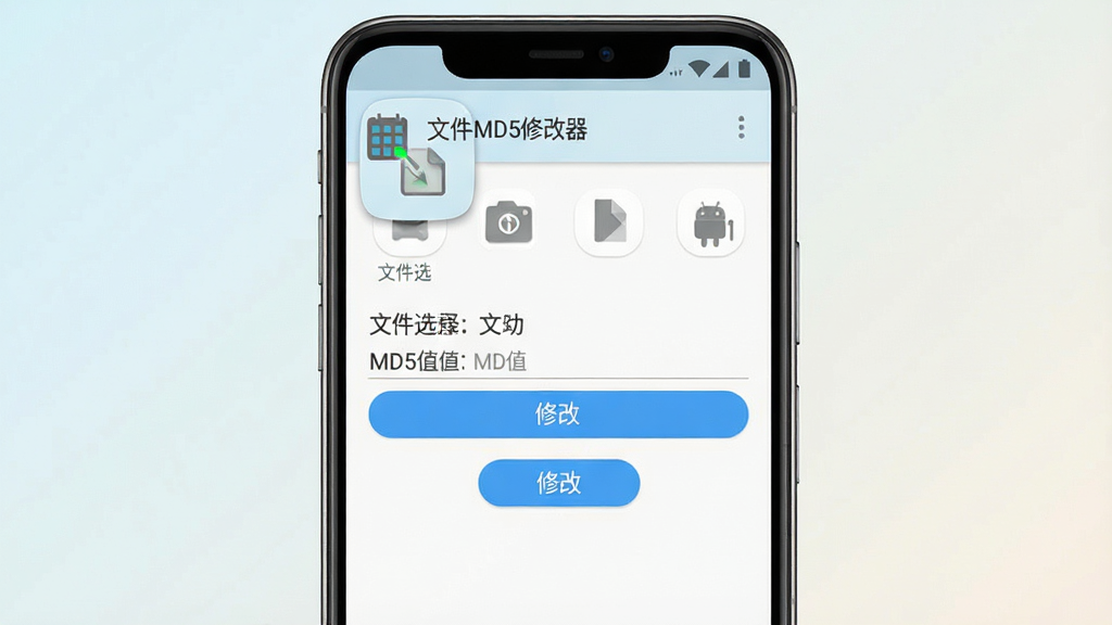 һ��չʾ��׿�ֻ������ͼƬ�����������ǡ��ļ�MD5�޸�����Ӧ��ͼ���������棬�����а����ļ�ѡ��MD5ֵ��ʾ���޸İ�ť��Ԫ�أ�����Ϊǳɫ���䣬������ִ��������������Ű���У�ϸ�ڰ����ֻ��߿�Ӧ��ͼ��͹��ܰ�ť�����ʸ��壬�ɾ����޶���Ԫ��