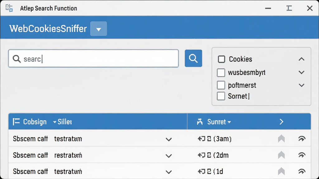 һ�� WebCookiesSniffer ����ɸѡ�������ܵĽ���ʾ��ͼ����������Ϊ�������ɸѡ������壬�·��б���ʾ���˺��Cookie�����������ɫΪǳ������ɫ���䣬����Ϊ���͵Ĺ����������֣�ϸ�ڰ��������˵�������ͼ�ꡢ�����ͷ����������񣬻��ʸ��壬�ɾ����޶���Ԫ��
