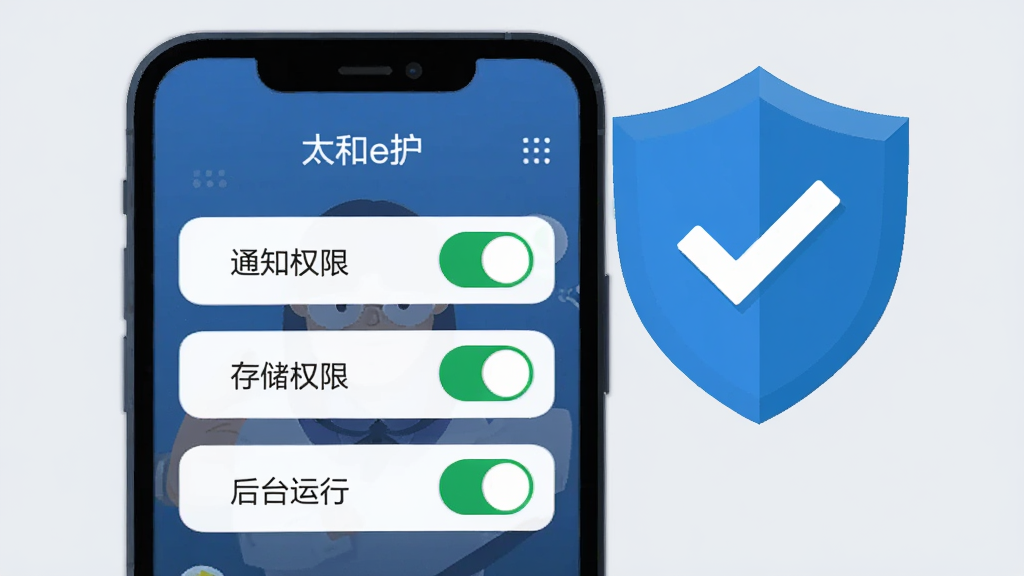 ����չʾ��̫��e����Ӧ�����ֻ��ϵ�Ȩ�����ý��棬�������С�֪ͨȨ�ޡ����洢Ȩ�ޡ�����̨���С��������ذ�ť������֪ͨ�ʹ洢����Ϊ����״̬���ֻ��Ա���һ������ͼ��͹�ѡ��ǣ�������ȫ���á�����Ϊǳ��ɫ�����ñ�ƽ���廭��񣬻��ʸ��壬�ɾ��޶���Ԫ�ء�