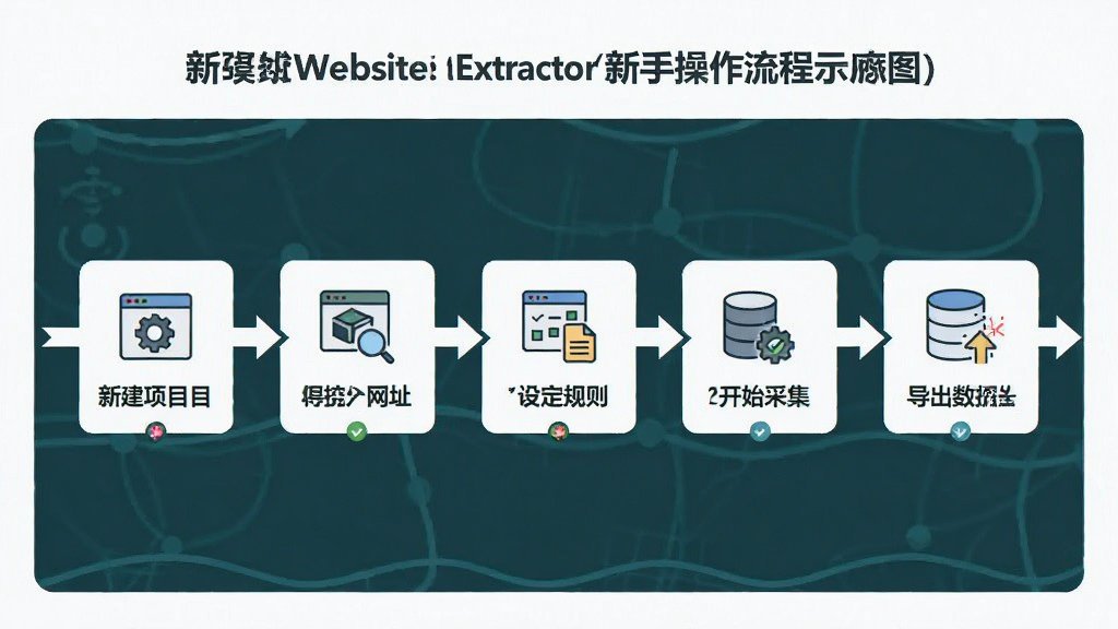 һ��չʾ Website Extractor ���ֲ������̵�ʾ��ͼ������Ϊ�ֲ���Ĳ�������ͼ�����ֲ��ú���ʱ���ᣬ����չʾ�½���Ŀ��������ַ���趨���򡢿�ʼ�ɼ�����������������ڣ��Ű����������Ϊ��ƽ����Ϣͼ��ϸ����ÿ����������Сͼ��ͼ������˵�������ʸ��壬�ɾ����޶���Ԫ��