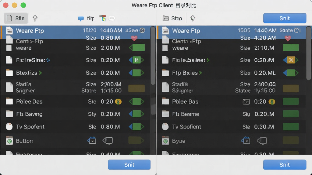 Weare Ftp Client Ŀ¼�Աȹ��ܽ��棬����Ϊ���������ļ��б��Ա���ͼ������Ϊ������ʾ���Ű���룬���Ϊ��ˬ����������ͼ��ϸ�ڰ����ļ�������С���޸�ʱ�䡢״̬�����ɫ��ͬ����ť�������������ɾ����޶���Ԫ��