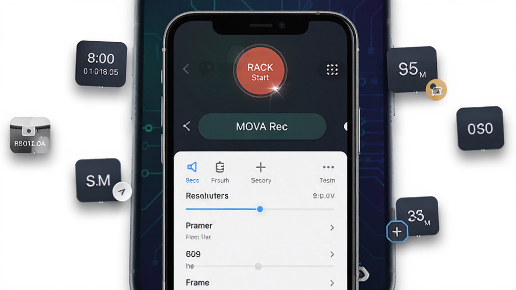 һ��չʾ MOVA Rec ������������ֻ���ͼ���ͼƬ�������������ֻ���Ļ����Ļ����ʾ MOVA Rec ��¼�ƿ�ʼ��ť�Ͳ���������壬����Ϊ��ɫ�Ƽ��н��䣬�ֻ���ΧƯ����¼��ʱ�����ֱ��ʡ�֡�ʵ�Сͼ�꣬���岼�ּ�����������Ϊ�ִ���ƽ�� UI ��ƣ�ϸ�ڰ�����ť�߹�����Ӱ�����ʸ���ɾ����޶���Ԫ��