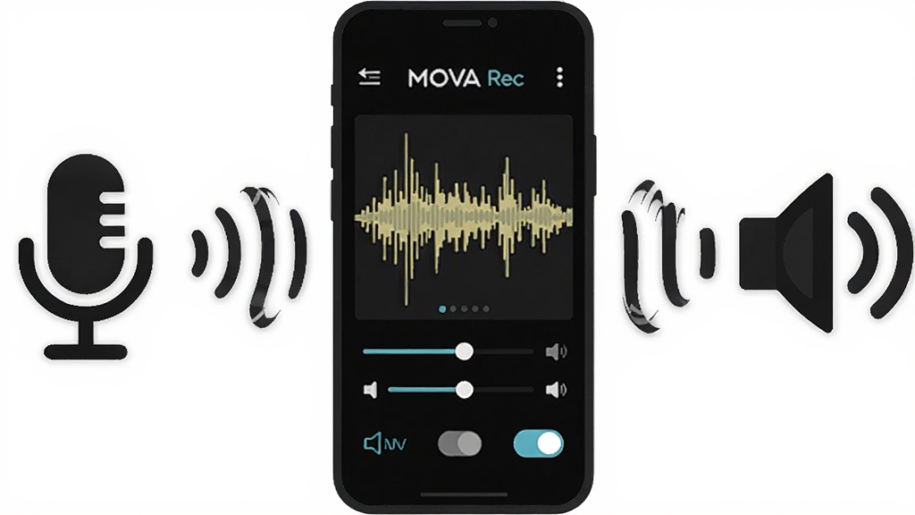 һ��չʾ MOVA Rec �����ɼ����ܵ�ʾ��ͼ�������������ֻ���Ļ��ʾ��Ƶ����ͼ���������˷�ͼ�꣬�Ҳ���������ͼ�꣬����ͼ��֮���������������ӣ�����Ϊ���ҶԳƣ����Ϊ����ƽ����ƣ�ϸ�ڰ�����������Ϳ��ذ�ť�����ʸ��壬�����ɾ��޶���Ԫ��