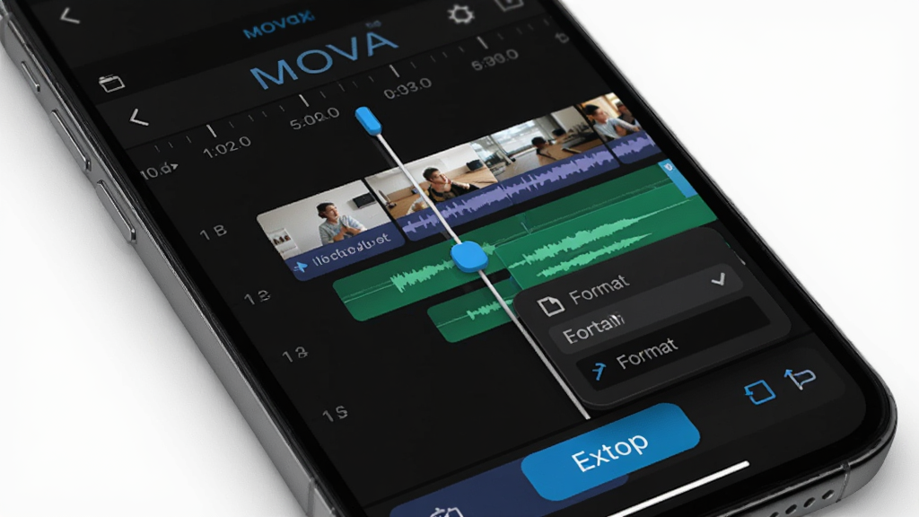 һ��չʾ MOVA Rec ��Ƶ�༭����� AI ��ͼ�������������ֻ���Ļ��ʾʱ����ͼ�����������������ƵƬ�κ���ƵƬ�Σ���Ļ�·��е�����ť������Ϊ���½ṹ�����Ϊ�ִ� App ������ƣ�ϸ�ڰ���ʱ��̶ȡ������ֱ��͸�ʽѡ��˵������ʸ��壬�ɾ�����