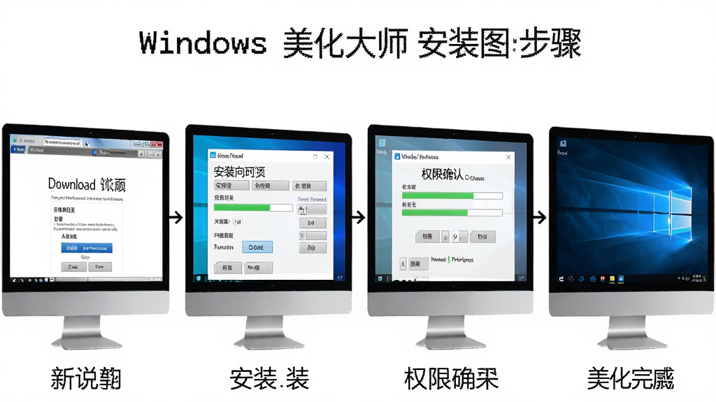 һ��չʾWindows������ʦ��װ���������ͼ�������������ĸ����ŵĵ�����Ļ���ֱ���ʾ����ҳ�桢��װ�򵼡�Ȩ��ȷ�Ϻ�������ɺ������Ч��������Ϊ�����ҵ�ʱ���ߣ����Ϊ���Ĳ���˵��ͼ��ϸ�ڰ���ÿ����Ļ�ϵİ�ť�ͽ������������������ɾ����޶���Ԫ��