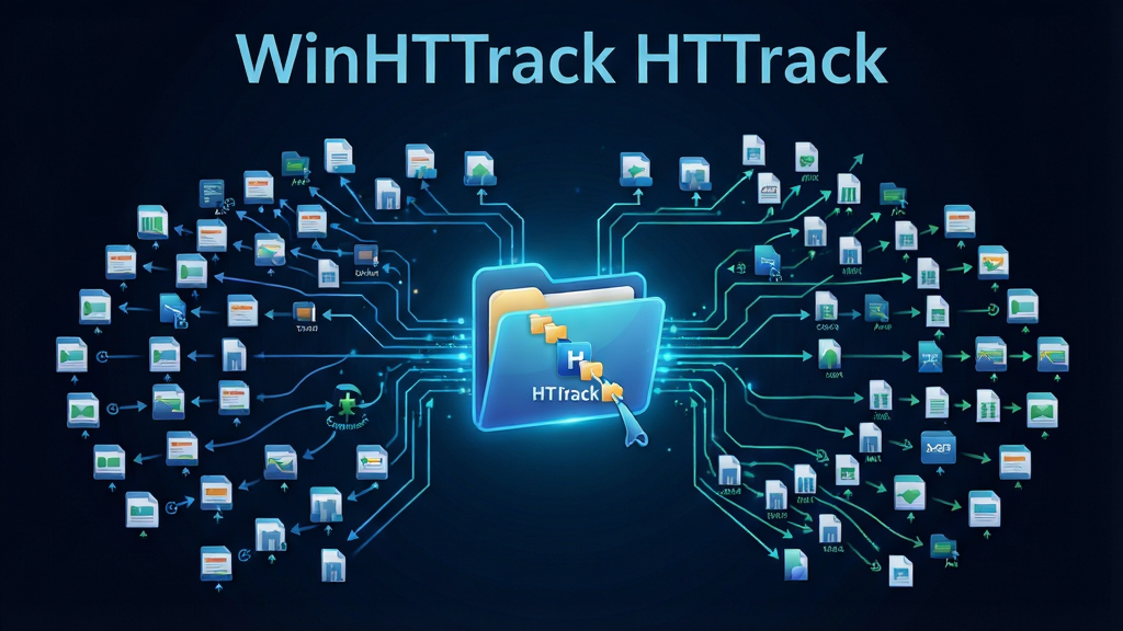 һ��չʾ WinHTTrack HTTrack ��վ����ץȡ���ܵ�AI��ͼ��������һ���������վ�ļ��нṹ�����Ӹ�Ŀ¼���������������ҳ�ļ�ͼ�꣬����Ϊ���з���״���Ű��Ϸ����������ơ�WinHTTrack HTTrack�����֣����Ϊ�Ƽ������ݿ��ӻ���ϸ�ڰ�����ɫ����ɫ�����������ļ�����ͼ�ꡢץȡ��ͷ�����ʸ��壬�ɾ����޶���Ԫ��