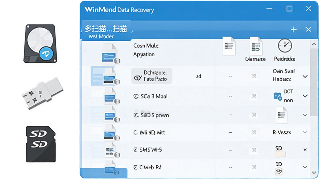 WinMend Data Recovery ���豸ɨ��ʾ��ͼ�������������������ڣ�����г�Ӳ�̡�U�̡�SD��ͼ�꣬�Ҳ���ʾɨ�赽���ļ��б�����ƽ����Ʒ����ɫ��ɫ�����������������ʸɾ����޶���Ԫ��