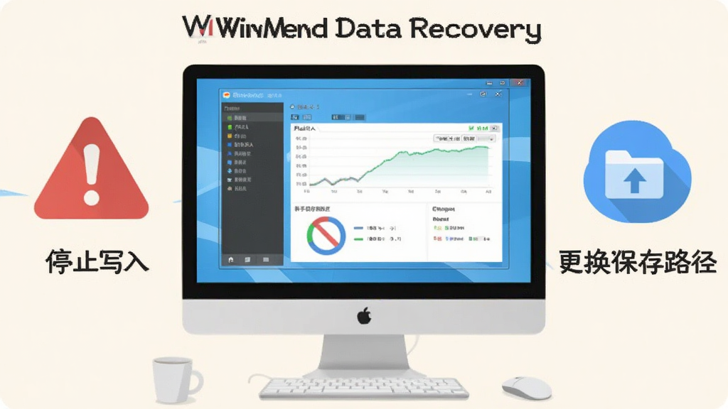 WinMend Data Recovery ���ֲ�����ʾͼ��������Ļ����ʾ�������棬�Ա��к�ɫ����ͼ�����ɫ��ʾͼ�꣬��ע��ֹͣд�롱����������·���������֣���ƽ����Ϣͼ���ǳɫ�������ɾ�����