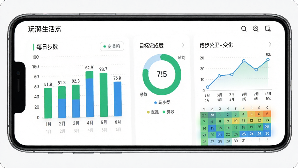 ���������˶�����ͳ��ҳ�棬�ֻ���Ļ��չʾ�˶��ܱ�ͼ����������״ͼ��ʾÿ�ղ���������ͼ��ʾĿ����ɶȡ�����ͼ��ʾ�ܲ��������仯���������ֻ������ݿ��ӻ����棬���־��У�����ִ���Լ��ϸ�ڰ�����ɫ����ɫ����ɫ�顢���ֱ�ǩ����������ͼ�����������ɾ����޶���Ԫ��