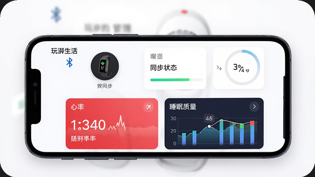 ���������豸����ҳ�棬�ֻ���Ļ��չʾ�����豸�������棬���������ӵ��ֻ�ͼ�ꡢͬ��״̬���������ݿ�Ƭ��˯������ͼ�����������ֻ����豸�������棬���־��У����Ƽ���Լ��ϸ�ڰ�������ͼ�ꡢͬ�����Ȼ������ݿ�Ƭ�����������ɾ����޶���Ԫ��
