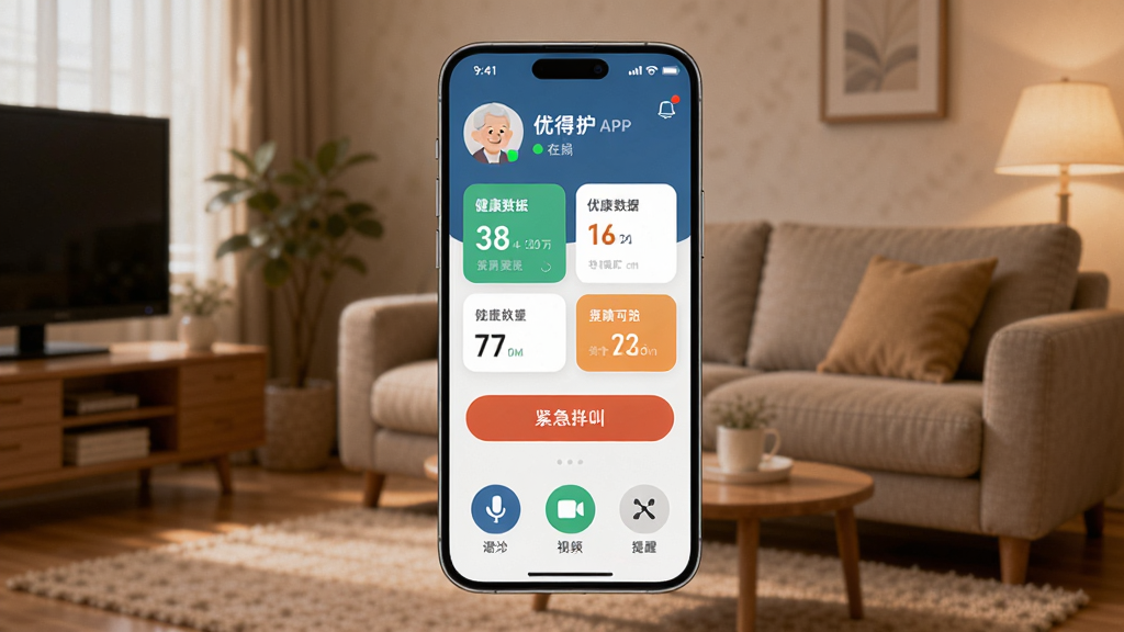��������һ�������ֻ�������ʾ�ŵû�APP�����棬���涥��������ͷ�������״̬���в��н������ݿ�Ƭ�ͽ������а�ť���ײ�����������Ƶ����������Բ�ι���ͼ�꣬��������ܰ�ļ�ͥ����������ůɫ�����ߣ����дʵ�Ƽ��У�ϸ�����������ʸɾ����޶���Ԫ��