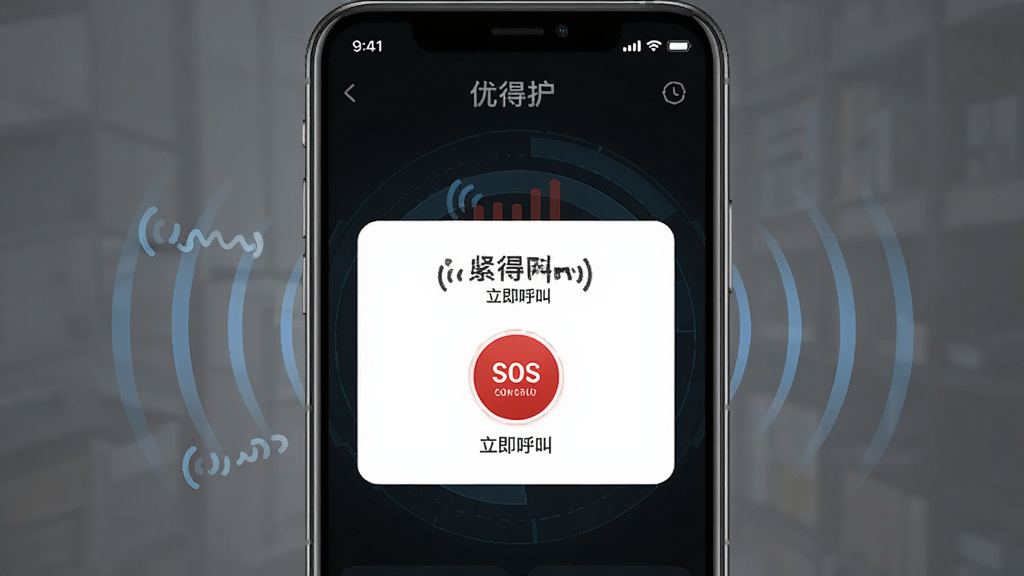 ��������һ���ֻ���ʾ�ŵû�APP�Ľ�������ȷ�ϵ������������к�ɫSOS��ť�͡��������С����֣���������ɫ�Ƽ��н��棬��Χ���źŲ�����ɢЧ����������ִ������ʸɾ����޶���Ԫ��