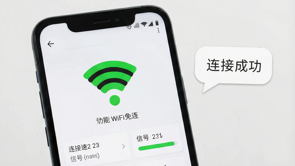 һ��չʾ����WiFi�����ڰ�׿�ֻ������ӳɹ��Ľ����ͼ��������һ���ֻ���Ļ��ʾ������״̬��WiFi�ź�ͼ��Ϊ��ɫ����ҳ���·���ʾ�����ٶȺ��ź�ǿ����Ϣ���ֻ��Ա�����ʾ����д�����ӳɹ�������Ϊǳ��ɫ����������ˣ������������ɾ��޶���Ԫ��