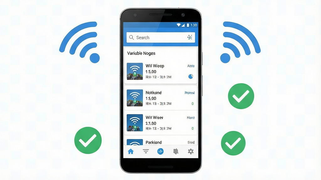 һ��չʾ����WiFi����������������ֻ�Ӧ�ý�ͼ������������һ����׿�ֻ����ֻ���Ļ��ʾ����WiFi��������ҳ��ҳ�沼�ְ������������������������б��͵ײ����ܵ�����������������ˬ����ɫ���ɫΪ��ɫ�����ֻ���Χ��׺WiFi�ź�ͼ������ӳɹ��ĶԹ���ʶ���������ƽ����ƣ������������ɾ��޶���Ԫ��
