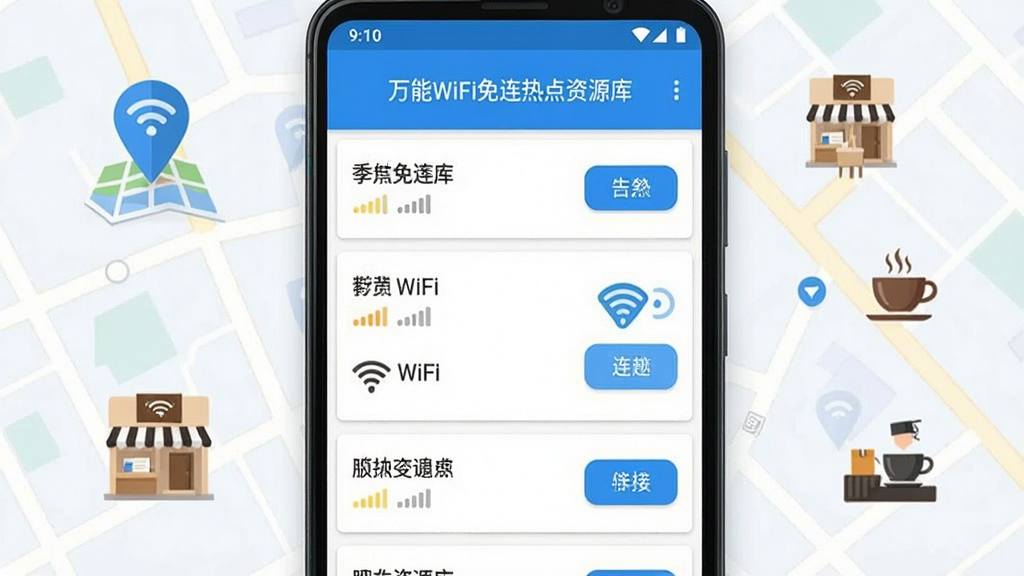 һ��չʾ����WiFi�����ȵ���Դ�⹦�ܵ��ֻ�Ӧ�ý����ͼ��������һ����׿�ֻ���Ļ��ʾ����WiFi�������ȵ��б�ҳ�棬�б��������Ŷ��WiFi���ƺ��ź�ǿ��ͼ�꣬ÿ���ȵ��Ա������Ӱ�ť�������е�ͼ��λ��Ǻ��̳����������ȳ���ͼ���׺��������ִ���������ɫ�������������ɾ��޶���Ԫ��