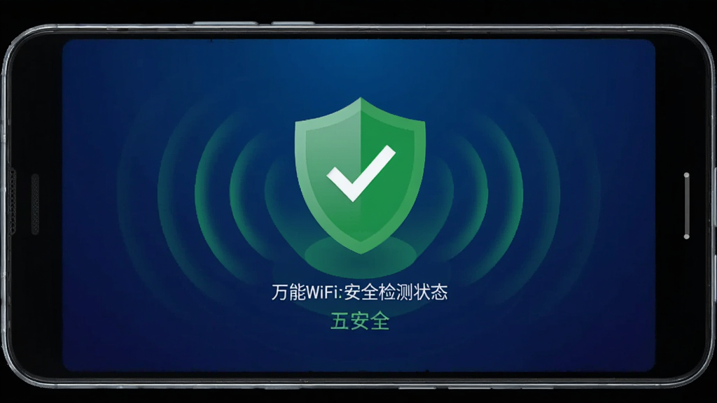 һ��չʾ����WiFi������ȫ��⹦�ܵ��ֻ�Ӧ�ý����ͼ��������һ����׿�ֻ���Ļ��ʾ��ȫ���ҳ�棬ҳ��������һ����ɫ�Ķ���ͼ�꣬�����·���ʾ����״̬Ϊ��ȫ����Χ��ɨ�貨��Ч��������Ϊ����ɫ���䣬���Ƽ���ʮ�㣬�����������ɾ��޶���Ԫ��