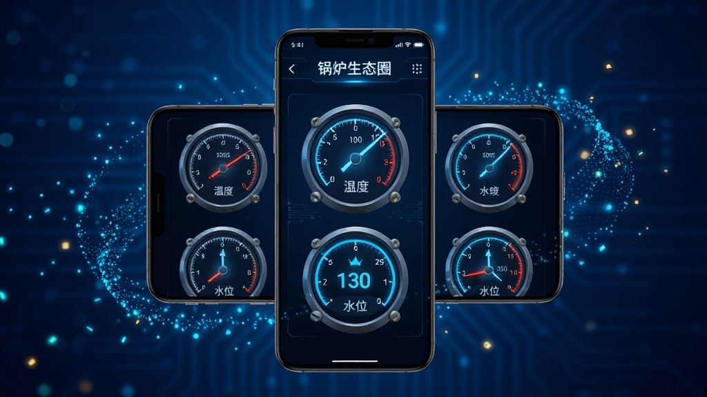 ������һ����׿�ֻ�����Ļ��ʾ��¯��̬ȦAPP��ʵʱ���ݼ�ؽ��棬�������ж��Բ���Ǳ��̷ֱ���ʾ�¶ȡ�ѹ����ˮλ��ֵ���������ֻ����У�����������ɫ�Ƽ��н��䣬��Χ�����ŷ�����������ӣ������������˿Ƽ��磬ϸ�����Ǳ���ָ�����������ַ���΢�⣬���ʸ��壬�ɾ����޶���Ԫ�ء�