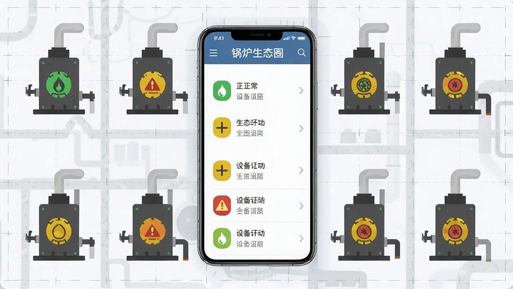 ������һ�Ÿ����ӽǵĹ�ҵ������ͼ����ͼ���ж����¯�豸ͼ��ֱ��ע��ͬ��ɫ״̬�������ϵ�ͼ�������棬������һ���ֻ����渡����ʾ��¯��̬Ȧ�Ķ��豸�б�������Ǳ�ƽ����Ϣͼ���ϸ����ͼ�����̻ƺ�������ɫ�����������汨������ͼ�е����������ߣ����ʸ��壬�ɾ����޶���Ԫ�ء�
