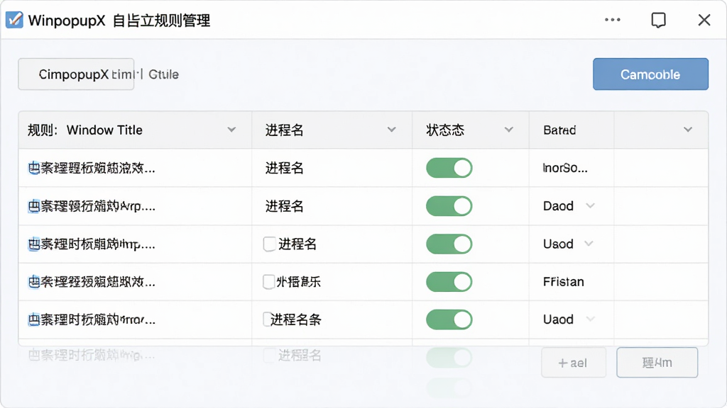 WinpopupX �Զ������������棬չʾ�����б����񣬰������ڱ��⡢��������״̬���ص��У��������ǳɫ���⣬����������������ť���ֺ����������������Լ�������������ɾ����޶���Ԫ��
