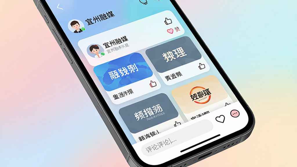 �ֻ���Ļչʾ��������ý��APP���˶��Ľ��棬���Ƶ����Ƭ�������У���Ļ�·�����������򡣱���Ϊ��ͽ���ɫ�ʣ���������ִ���ϸ�ڰ����û�ͷ�񡢵���ͼ��ȣ����ʸ��壬�ɾ��޶���Ԫ�ء�
