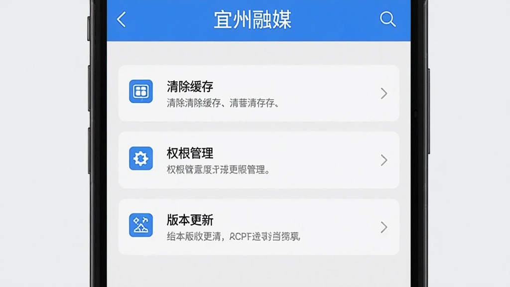�ֻ���Ļ��ʾ��������ý��APP����ҳ�棬ҳ���ڿɼ�������桢Ȩ�޹������汾���µ�ѡ�����Ϊǳ��ɫ�����ּ�࣬����ƽ����ɫ��������Ϊ����ϸ�����������ʸ��壬�ɾ��޶���Ԫ�ء�