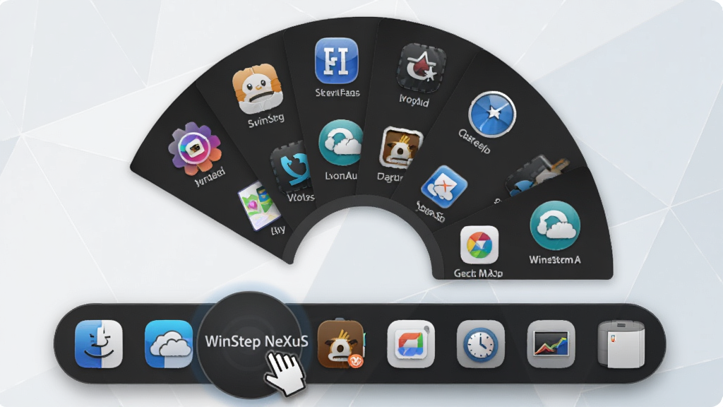 WinStep NeXuS ��������չʾͼ��������һ��Բ��� Dock ��λ����Ļ�ײ��������ͣ��ĳ��ͼ���ϣ�ͼ��Ŵ���ʾ�������Ʊ�ǩ��Dock ���Ϸ����������Ӳ˵�չʾ����Ӧ��ͼ�꣬����Ϊǳɫ���󼸺�ͼ������������������Լ�ִ���ϸ�ڷḻ�����ʸɾ����޶���Ԫ��